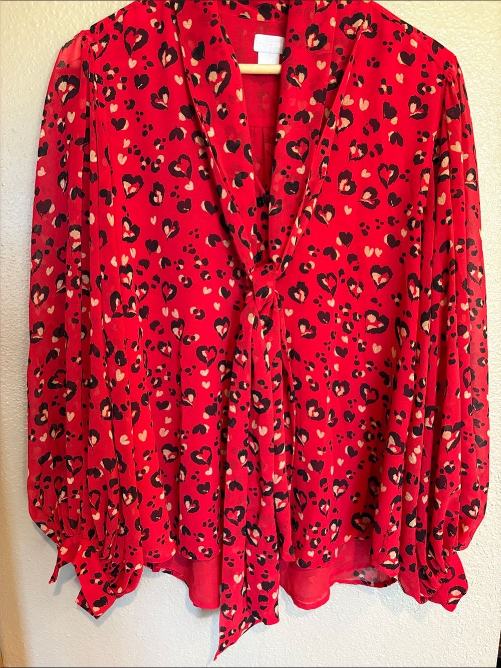 Chico's Size 2 (12-14) Red Heart-Print Tie-Neck Blouse